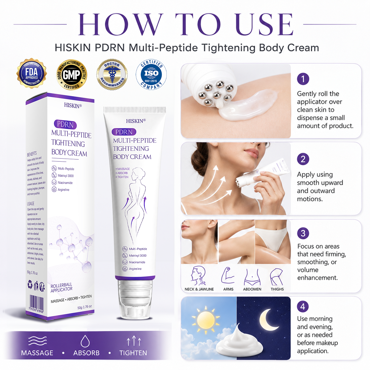 FDA Official: HISKINÂŽ PDRN Multi-Peptide Massaging Body Roller Cream- Anti-aging, Hydrating, Skin Firming & Lifting, Skin Repair, Even Tone, Acne and Dark Spot Treatment, Wart and Mole Removal, and Psoriasis Relief.