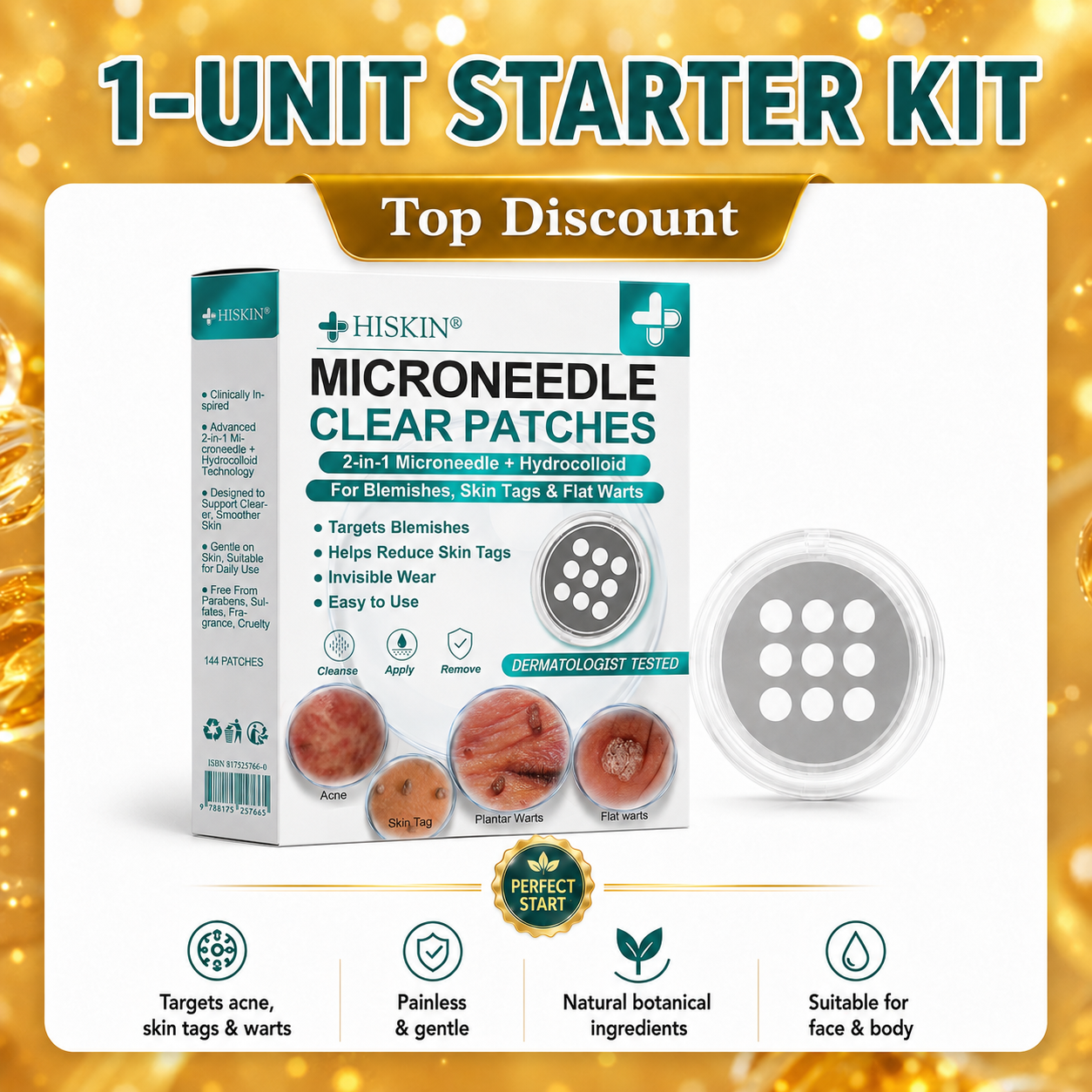✨Hiskin ® 2-in-1 Microneedle & Hydrocolloid Patch🍀 | Removes raised moles, acne, flat warts, and skin tags | Helps improve wrinkles, scars, and blemishes | Invisible patches for face and body